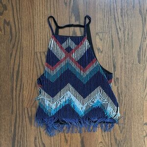 Beaded Chevron Fringe Halter Crop Top